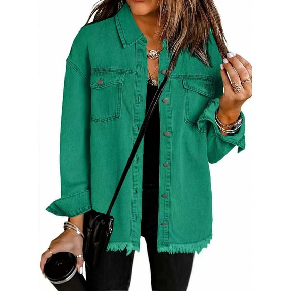 EGNMCR Women's Denim like Jacket Casual Long Sleeve Oversized Denim Shirts Distresse Button Down Stretch Jean Jacket Fall Outfits with Pockets Fall Winter