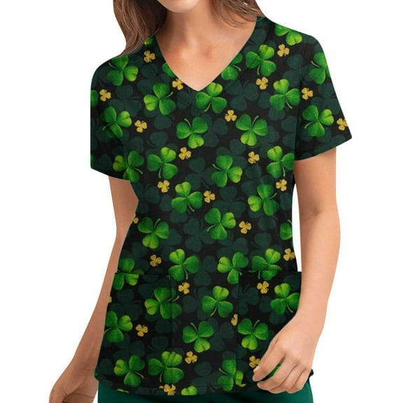 EGNMCR Womens St. Patrick's Day Nursing Scrub Tops Irish Printed Short Sleeve Gnome Green Working Uniform V Neck Workwear Blouse T-shirt
