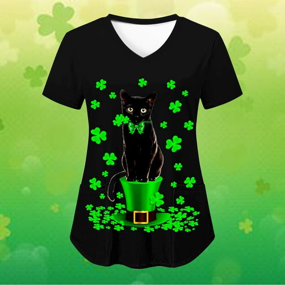 Clearance EGNMCR Womens St. Patrick's Day Nursing Scrub Tops Irish Printed Short Sleeve Gnome Green Working Uniform V Neck Workwear Blouse T-shirt