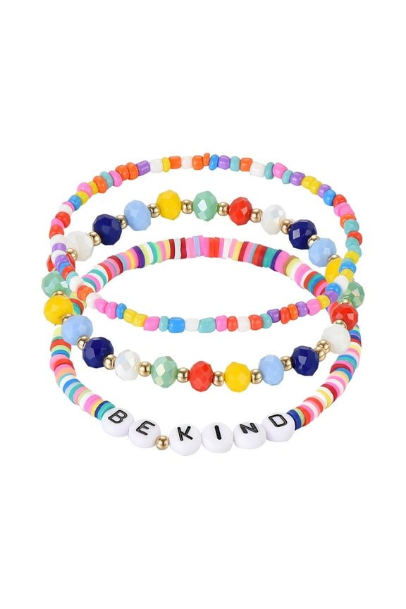 3PCS Rainbow Hue Hematite Round Artisan Beaded Stretch Alphabet Stitching Bracelet, Handmade Hypoallergenic Beach Gala Wedding Style Jewelry