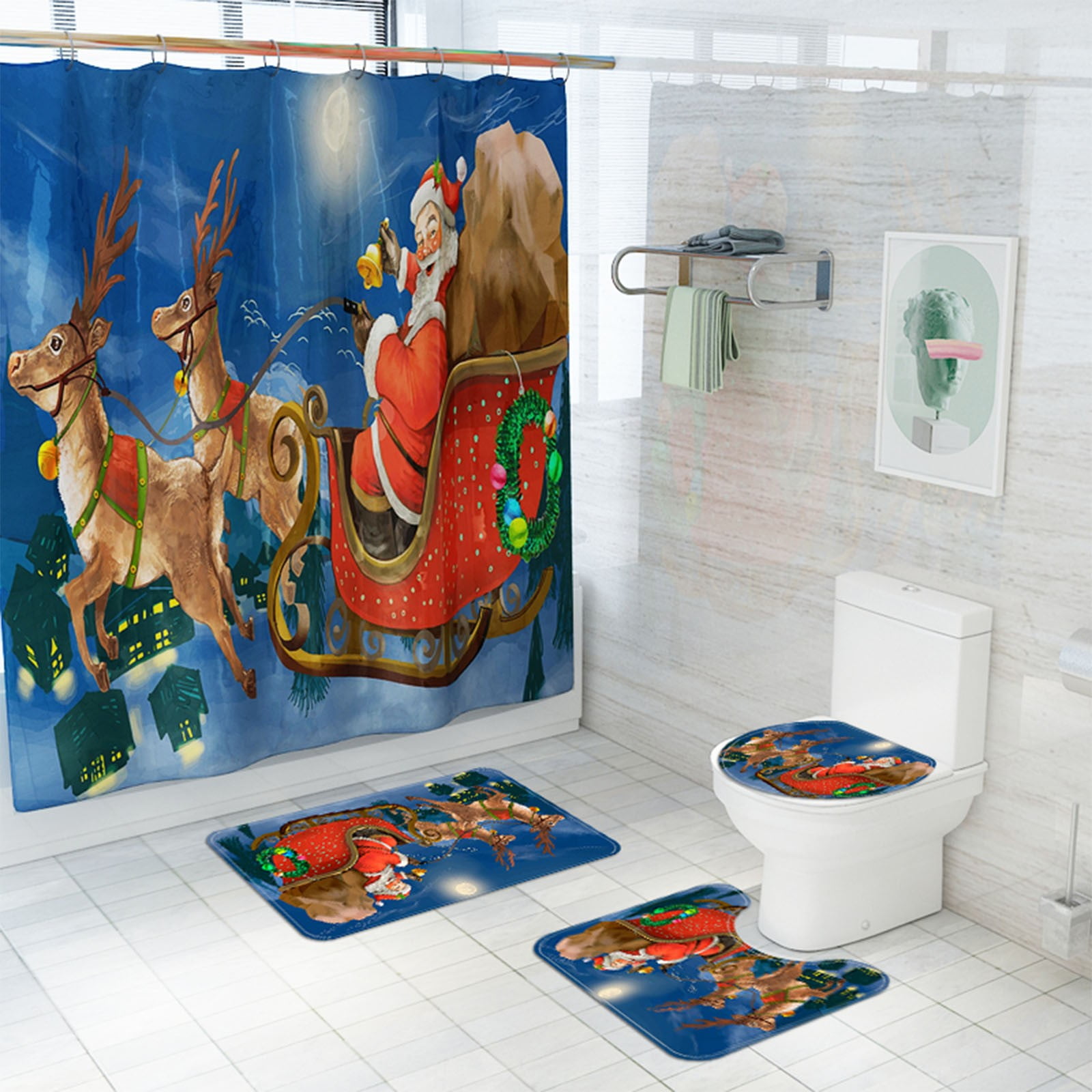 EQWLJWE Christmas Bathroom Set: 4 Pcs with Shower Curtain, Rug, Toilet Lid Cover, Bath Mat ...