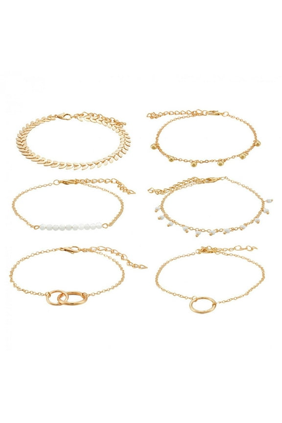 6Pcs Layered Gold Plated Bracelet Set for Women Multiple Stackable Wrap Bangle Flower Leaf Circle Assorted Beaded Bracelets Adjustable Jewelry