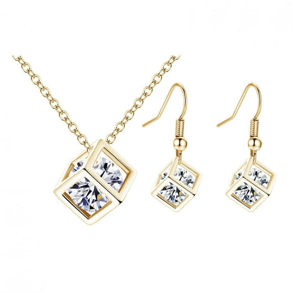 SDJMa White Zirconia Crystals Cube Set Pendant Necklace 18 inches Dangle Earrings White Gold Plated Women Earring Necklace Set Gift Jewelry