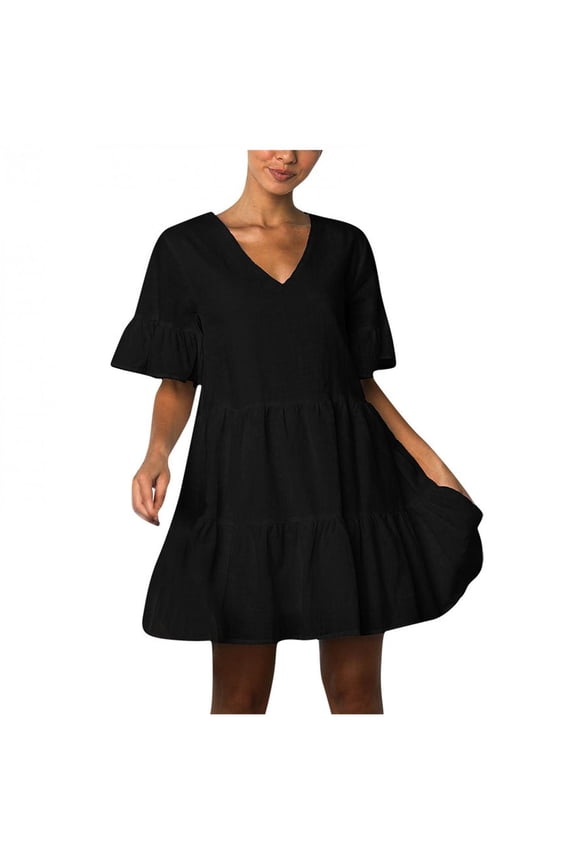 Women's Summer Casual Dress 2022 Sweet & Cute V-Neck Mini Dress Short Sleevele Ruffle Loose Dress