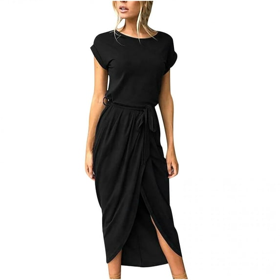 Clearance! EQWLJWE Women's Summer Dress 2022 Casual Short Sleeve Crew Neck Smocked Elastic Waist Tiered Midi Slit Pleated Dress