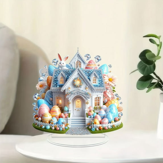 Clearance! Easter Bunny Egg Castle Desk Decoration, 2D Flat Acrylic Statue Easter Egg Castle Egg House with Rabbit Egg Mushroom Plant Chimney Window Ornaments, Easter Decor Desk Tabletop Sign (A)