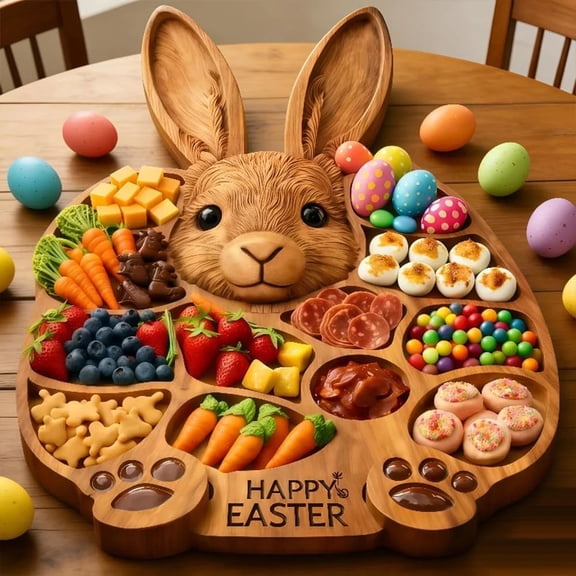 Clearance! 2026 New Easter Bunny Wooden Charcuterie Board, 14"x14" Cute Rabbit Serving Tray with Compartments,Farmhouse Snack Cheese Platter for Party Holiday, Easter Gifts for K*ids B*oys G*irls