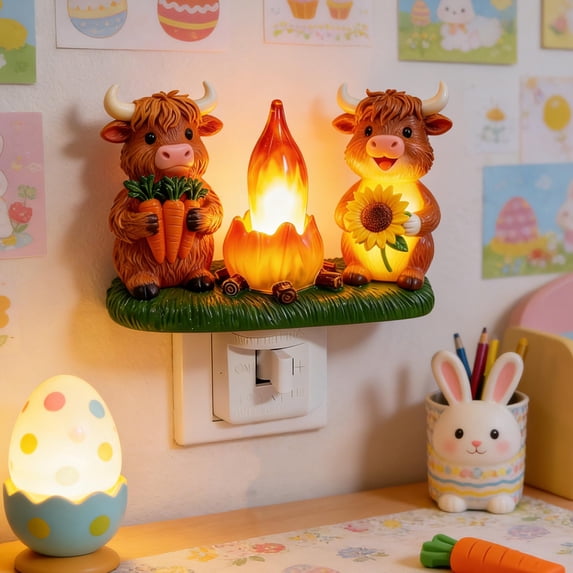 Clearance! Easter Highland Cow Campfire Flickering Night Light, Cute Highland Cow Night Light Plug into Wall Easter Lamp with Switch Easter Home Decorations, Easter Gifts for Ki*ds B*oys G*irls Women