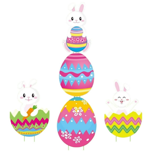 Clearance Easter Outdoor Yard Decorations – 2pcs Large Vintage Metal Bunny with Carrot and Eggs, Rustic Farmhouse Yard Sign with Stakes for Garden Decor, Kids and Family Easter Outdoor Decorations