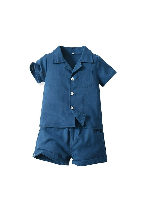 Boy's 2 Piece Summer Outfit Sets Fashion Comfy Lapel Short Sleeve T Shirts Shorts Set Solid Color Casual Outfits (Blue,4 Years)