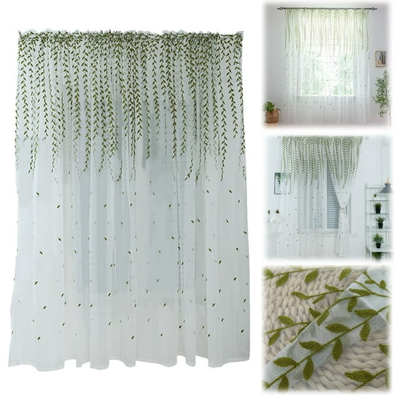 Clearance! Embroidery Curtains for Living Room 1 Panel Natural Embroidered Green Voile Lace Drapes with Design for Kids Room Semi Window Drapery