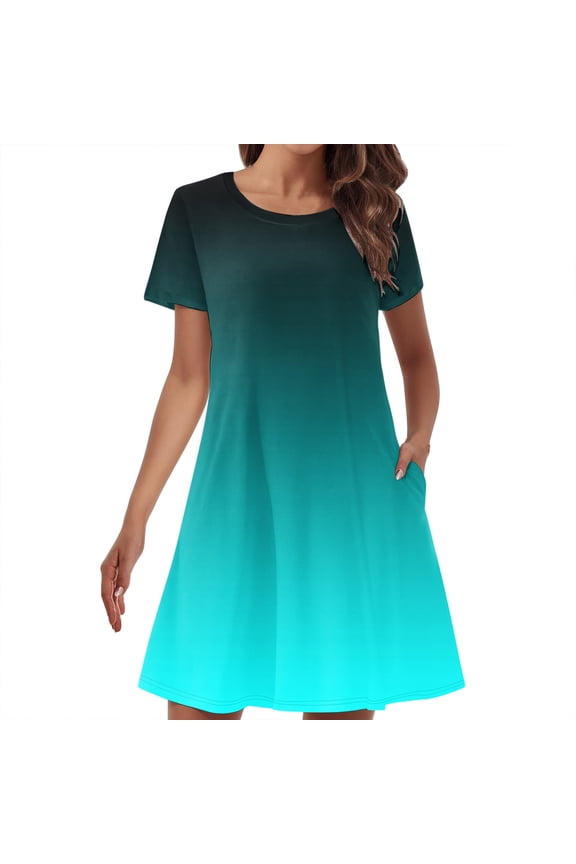 Women's Crew Neck Short Sleeve T Shirt Dress Summer Trendy Basic Casual Dresses Swing Flowy Midi Dress with Pockets