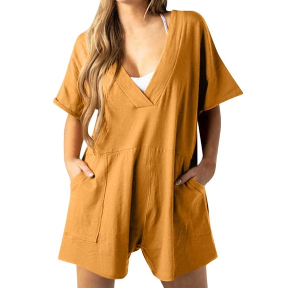 Clearance! Erwazi Women's Oversized Rompers Summer Casual Outfits Workout Tee Rompers V Neck Loose Short Sleeve Jumpsuit with Pockets