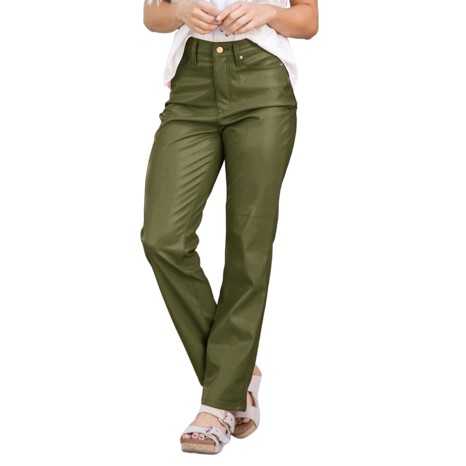 Clearance!FUNUONY Leather Pants for Women Faux Leather High Straight Pants Leg Vegan Leather Business Pant Trousers Work Pants Women Sweatpants Women Army Green XL