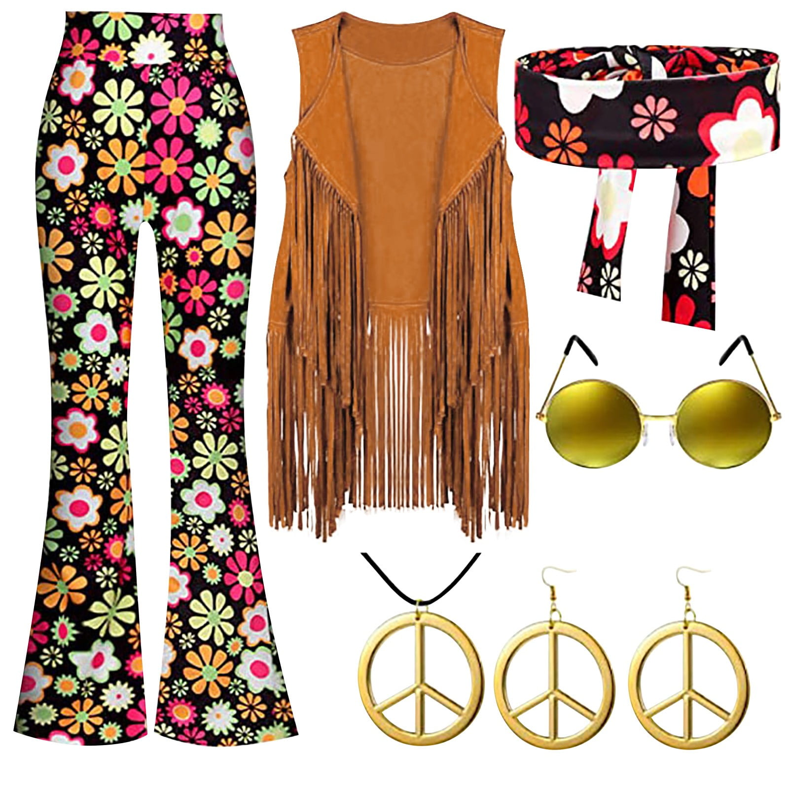 Clearance FUNUONY Lounge Set Carnival 70s Party Clothing Tassel Vest+pants+headscarf+earrings+glasses+necklace Six Set Flare Leggings for Women Sleeveless Tops for Women Black 2XL