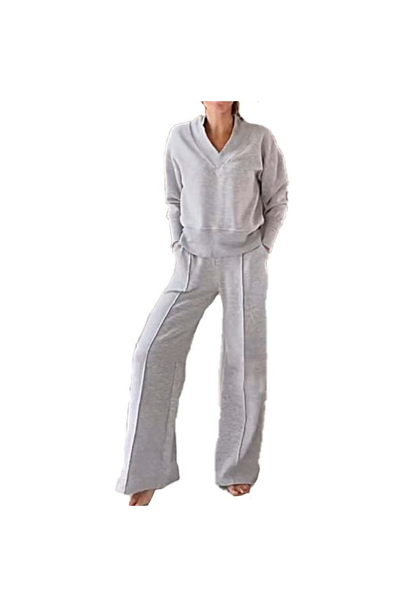 Clearance FUNUONY Lounge Set Women Sweatsuit Set Quarter Zip Oversized Sweatshirt Wide Leg Sweatpant Fall Set Tracksuit Wide Leg Pants 2 Piece Sets for Women Long Sleeve Shirts Gray S
