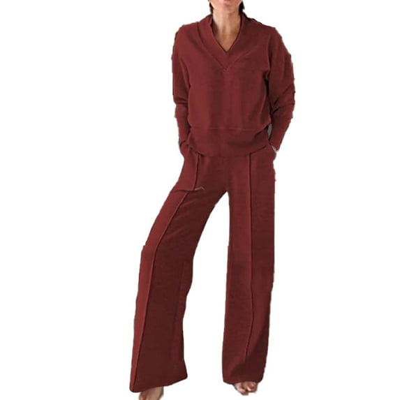 Clearance FUNUONY Lounge Set Women Sweatsuit Set Quarter Zip Oversized Sweatshirt Wide Leg Sweatpant Fall Set Tracksuit Wide Leg Pants 2 Piece Sets for Women Long Sleeve Shirts Red 1 5XL