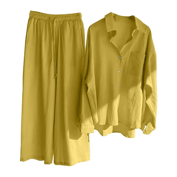 Clearance FUNUONY Lounge Set Women's Casual Solid Retro Plus Size Cotton Button Shirt High Waist Loose Pocket Long Pant Suit Track Suits for Women Set 2 Piece Sets for Women Yellow 5XL