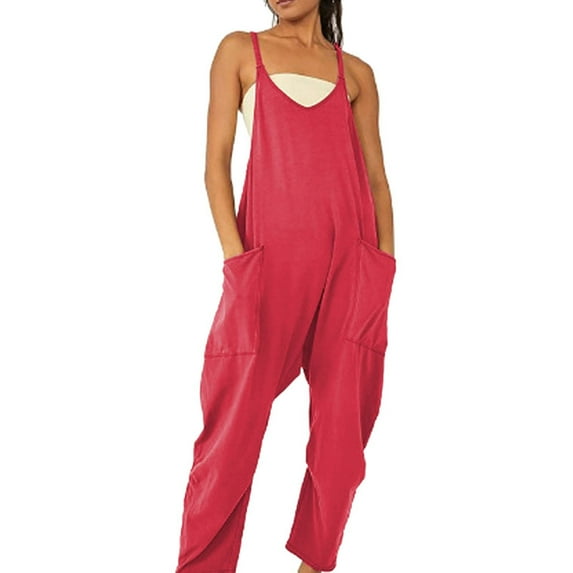 Clearance!FUNUONY Overalls Women's Casual Sleeveless Jumpsuits V Neck Spaghetti Strap Overalls Long Pants Romper with Two Pockets Jumpsuits for Women Rompers for Women 2024 Red 1 3XL