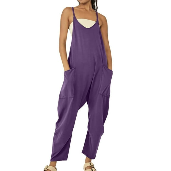 Clearance!FUNUONY Overalls Women's Casual Sleeveless Jumpsuits V Neck Spaghetti Strap Overalls Long Pants Romper with Two Pockets Jumpsuits for Women Rompers for Women 2024 Purple 1 S