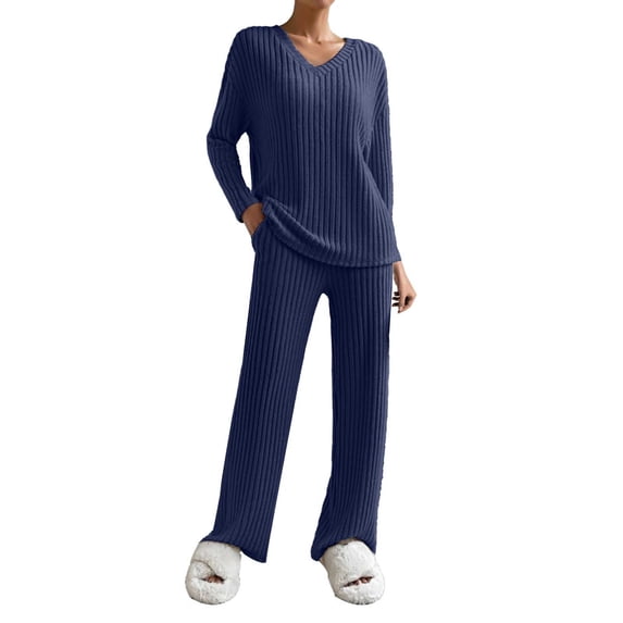 Clearance FUNUONY Sweatsuits Women 2 Piece Outfit 2024 Pyjama Set Cotton Knitted Yoga Sets with Cosy Nightwear with Pockets 2 Pieces Women Track Suits for Women Set Workout Sets Navy L