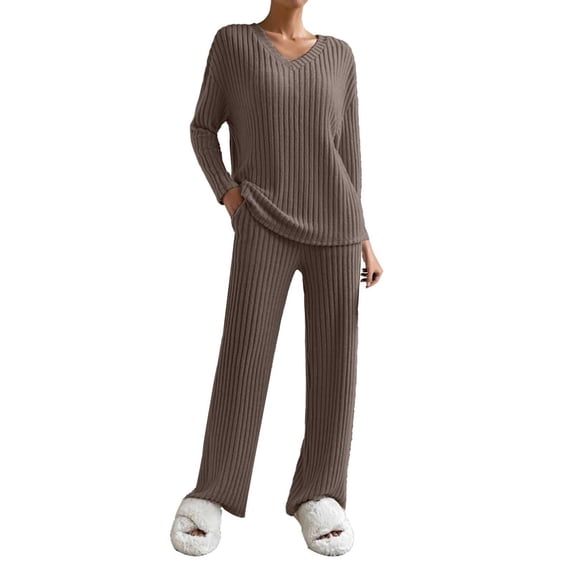 Clearance FUNUONY Sweatsuits Women 2 Piece Outfit 2024 Pyjama Set Cotton Knitted Yoga Sets with Cosy Nightwear with Pockets 2 Pieces Women Track Suits for Women Set Workout Sets Brown S