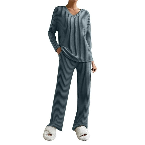 Clearance FUNUONY Sweatsuits Women 2 Piece Outfit 2024 Pyjama Set Cotton Knitted Yoga Sets with Cosy Nightwear with Pockets 2 Pieces Women Track Suits for Women Set Workout Sets Blue XL