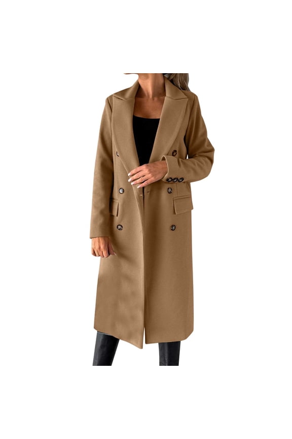 Clearance!FUNUONY Trench Coat Women Long Winter Coats for Women Double Breasted Classic Lapel Outerwear Trench Coat Windbreaker Solid Jackets Long Cardigans Winter Coats Windbreaker Khaki L