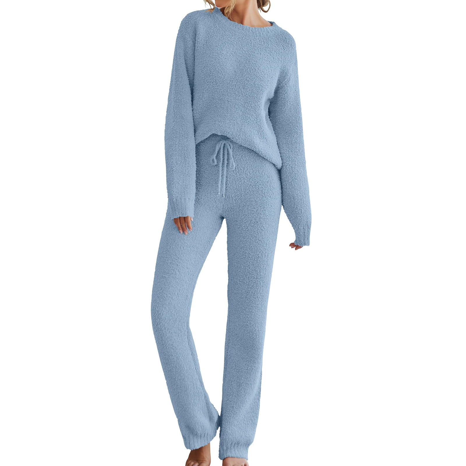 Clearance FUNUONY Womens Pajama Sets Womens Fuzzy Fleece Long Sleeve 2 Piece Loungewear Outfits Sweater Pants Pajama Sets Lounge Set Women's Sleepwear 2 Piece Sets for Women Blue L