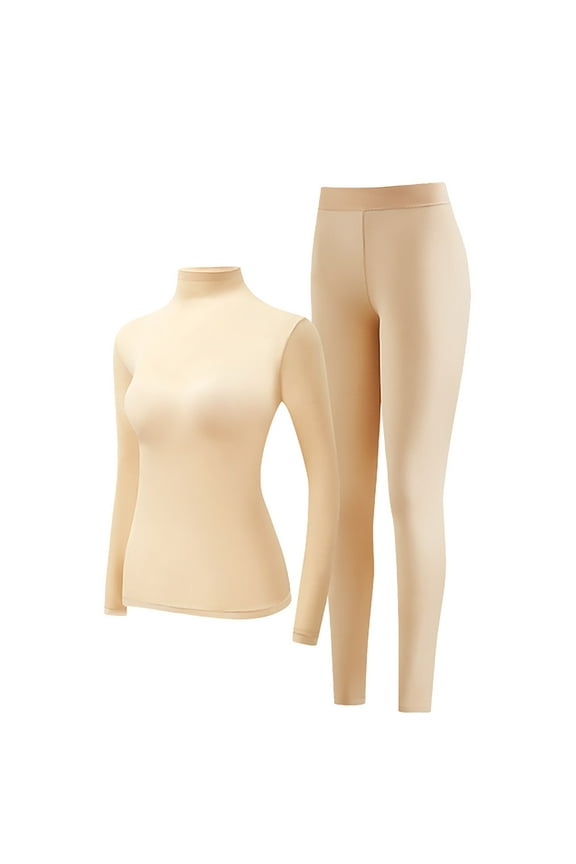 Clearance!FUNUONY Womens Thermals Top and Bottom Set High Neck Skin Care Clothing Set High Elastic Non Marking Underwear Thermal Leggings for Women Thermal Underwear for Women Beige L