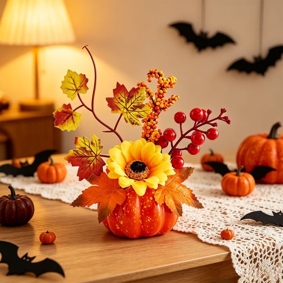 Clearance Fall Artificial Pumpkin Centerpiece, Sunflower Maple Berry Floral Arrangement, Table Mantel Decor for Thanksgiving