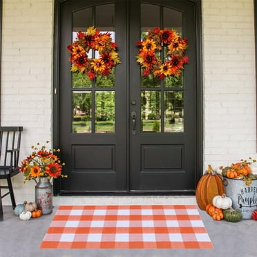Clearance! Fall Outdoor Rug Orange Plaid Outdoor Rug Cotton Hand-Woven Check Rug Layered Doormats for Front Door/Front Porch/Farmhouses/Entryway/Patio(Orange)