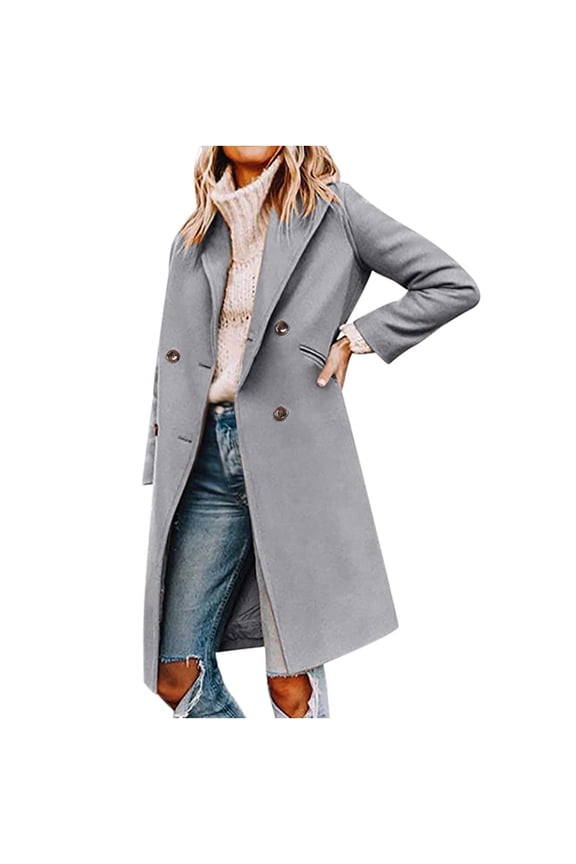 Clearance Fall Winter Pea Coat Women's Basic Essential Double Breasted Mid-Long Wool Blend Elegant Overcoat