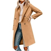 Clearance Fall Winter Pea Coat Women's Basic Essential Double Breasted Mid-Long Wool Blend Elegant Overcoat