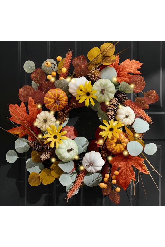 Clearance Fall Wreath for Front Door, Halloween Door Wreath with White Pumpkins Silk Maple Leaves, Outdoor Fall Autumn Decorations for Home Porch Thanksgiving Harvest Table Decor