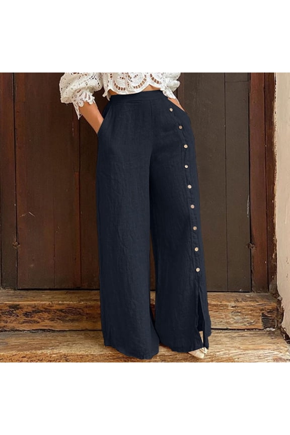 Fashion Ladys High Waisted Pants Women's Button-Split Wide-Leg Pants High-Waist Trousers Loose-Fitting Casual Pants