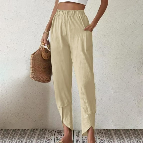 Clearance Fashion Ladys High Waisted Pants Women's Casual Wide Leg Pants Solid Elastic Waist Loose Long Pants With Pocket