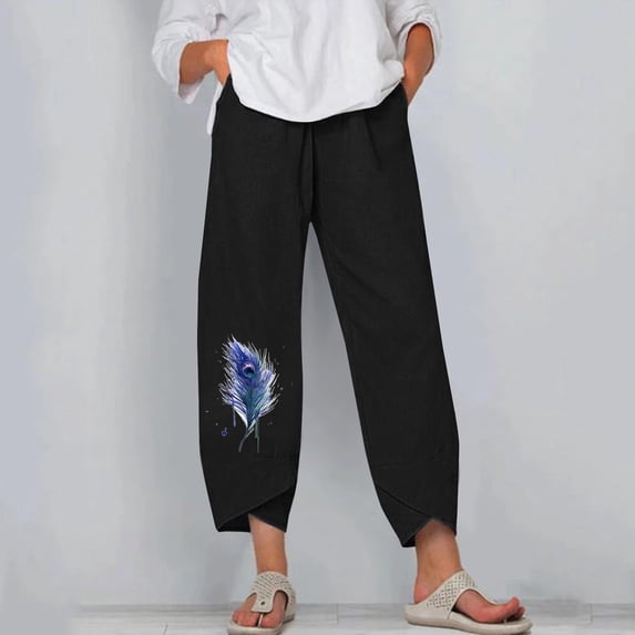 Clearance Fashion Ladys High Waisted Pants Women's Fashion High Waist Straight Tube Petal Trouser Hem Print Cotton Hemp Versatile Casual Pants