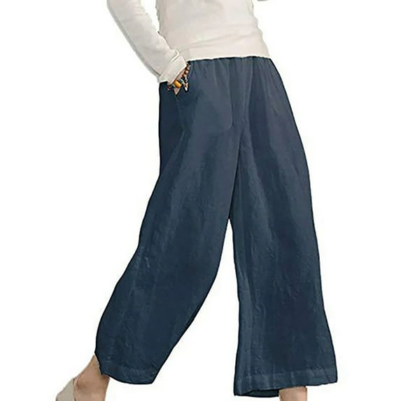 Clearance Fashion Ladys High Waisted Pants Women's Multiple Solid Color Cotton Linen Loose Casual Wide Leg Capris