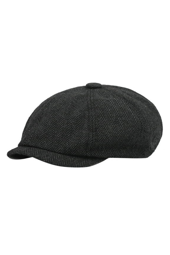 Clearance! Fdelink Black Grey Herringbone Newsboy Baker Boy Tweed Flat Cap Mens Gatsby Hat, Kniting Hat (Black)