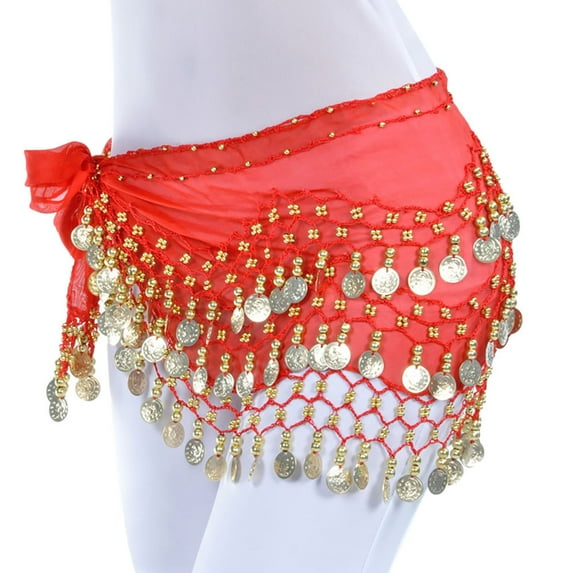 Clearance! Fdelink Chiffon Belly Dance Scarf Wrap Belt Tribal Sash Skirt Silver 128 Coins, Scarves (Red)