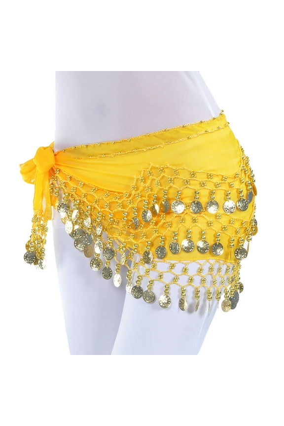 Clearance！Fdelink Chiffon Belly Dance Scarf Wrap Belt Tribal Sash Skirt Silver 128 Coins, Scarves (Yellow)