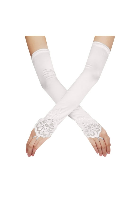 Clearance! Fdelink Fingerless Long Red Gloves Pierced Elbow Length Satin Gloves Stretchy Opera Evening Party 2024 Gloves for Women, Arm Sleeve (Beige)