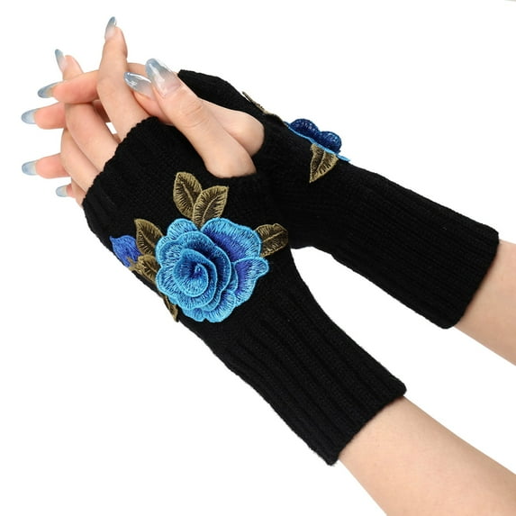 Clearance! Fdelink Ladies Warm Knit Fingerless Gloves Convertible Mittens Fashion Flowers, Hand Socks (Blue)
