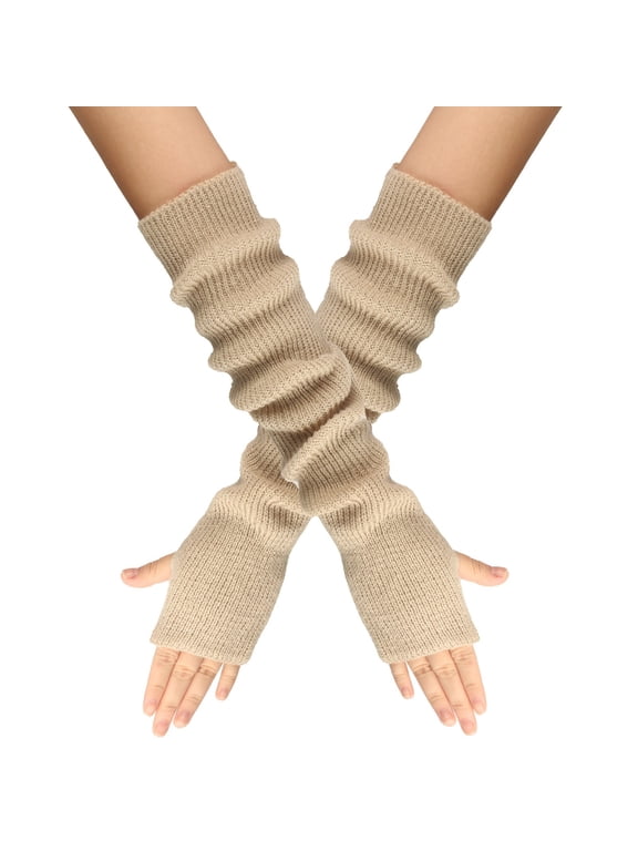 Clearance! Fdelink Solid Color Knitted Fingerless Gloves with Thumb Hole Unisex Warm Gloves, Hand Socks (Beige)