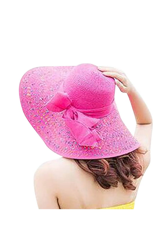 Clearance! Fdelink Women Colorful Big Brim Straw Bow Hat Sun Floppy Wide Brim Hats Beach Cap, Women Hat (Hot Pink)