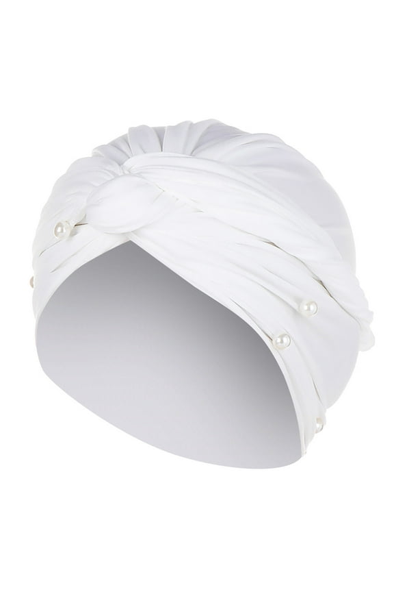 Clearance! Fdelink Women Pearl Beading India Hat Ruffle Cancer Chemo Beanie Turban Wrap Cap Women Cap (White)