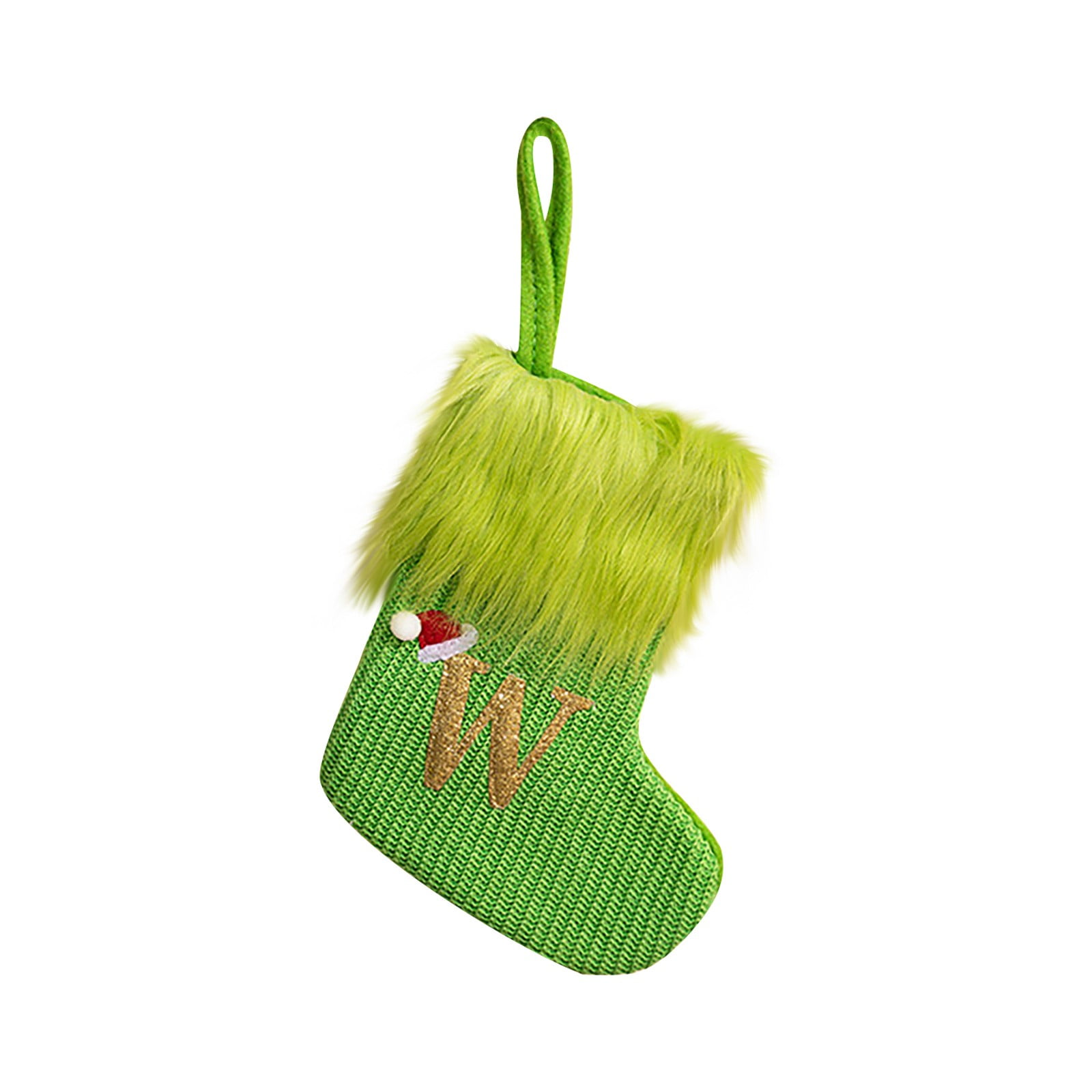 Clearance！Festive Green Christmas Stocking with Faux Fur Trim and Gold