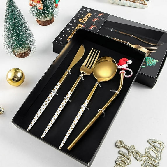 Clearance! Flatware Silverware Set, 4/16/24/32 Pieces Creative Christmas Stainless Steel Knives, Forks, Spoons And Golden Straws Gift Box, Four Pieces, Tableware Cutlery Set A