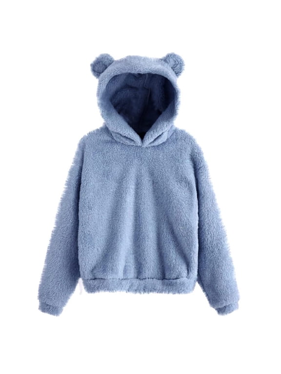 Fleece Hoodie Women Sherpa Fluffy Pullover Sweatshirt Cat Ear Plush Hooded Sweatshirts Fuzzy Teddy Bear Pullovers Tops Cute Casual Soft Cozy Coats Plus Size